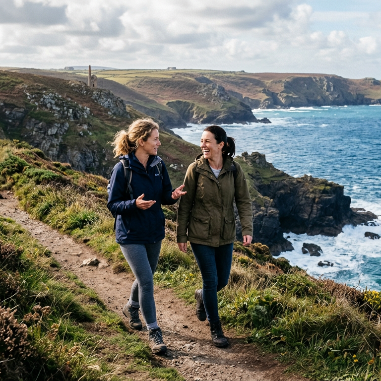 Two women walking and talking on a coastal path overlooking the ocean
